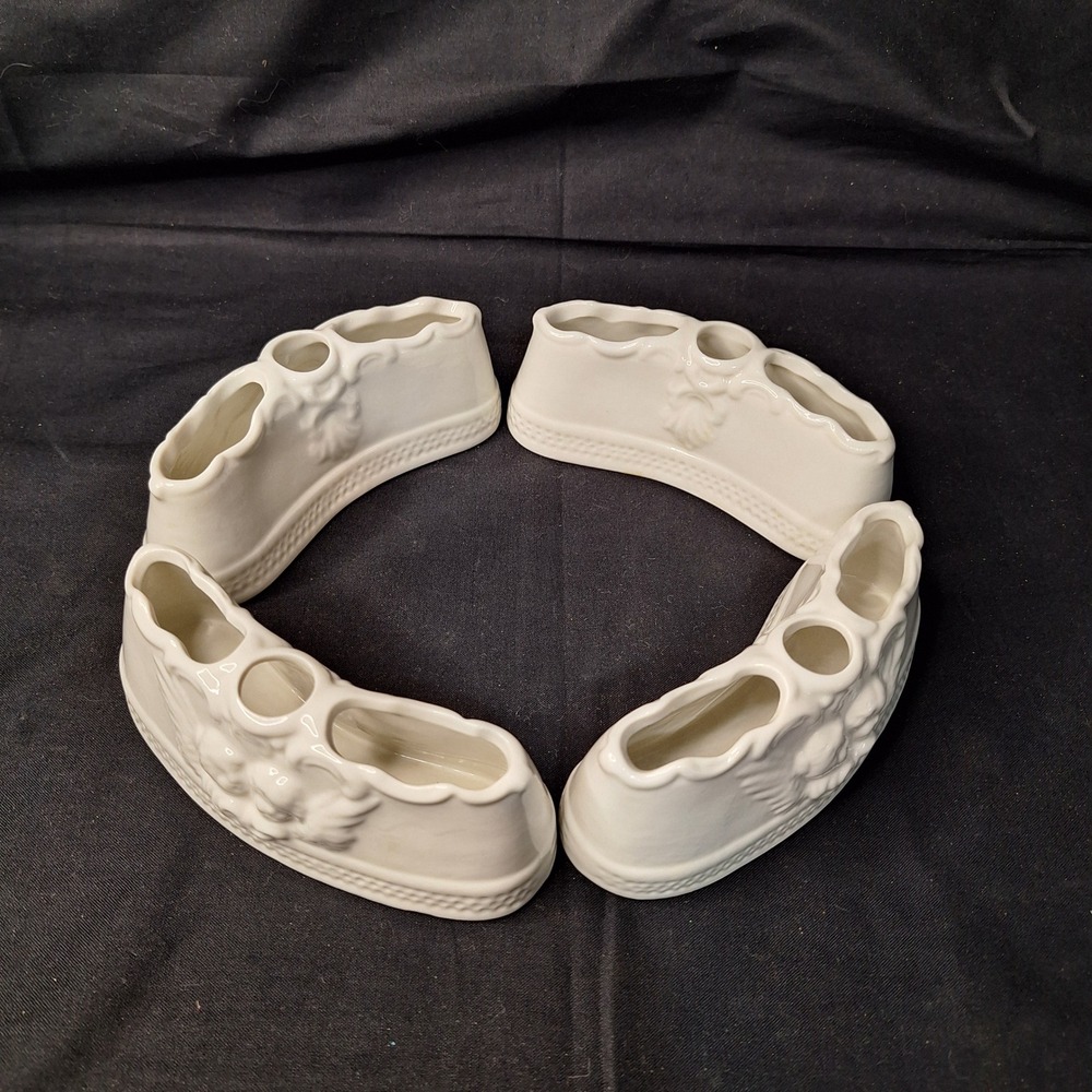 Set of 4 White Glazed‎ Dresden Porcelain Cherub Crescent Flower Candle Holders
